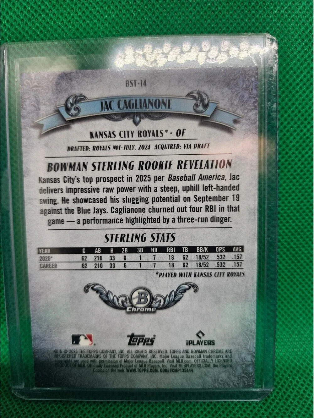 Jac Caglianone(RC) [Refractor] #BST-14 - 2026 Bowman Sterling - KC Royals